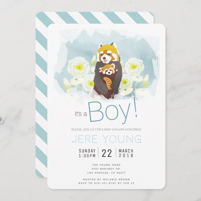 Carte d'invitation Baby shower Blue Boy 'Red Panda (Devant / Derrière)