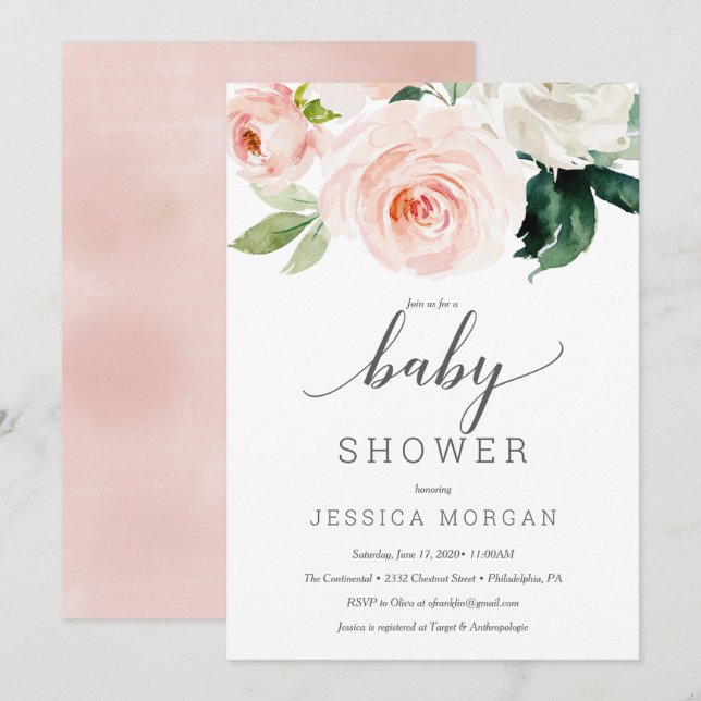 Carte d'invitation Baby shower Blushing Blooms (Devant / Derrière)