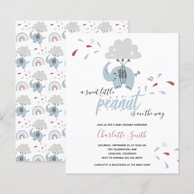 Carte d'invitation Baby Shower éléphant bleu pour  (Devant / Derrière)