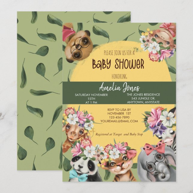 Carte d'invitation Baby Shower Jungle Safari Anima (Devant / Derrière)