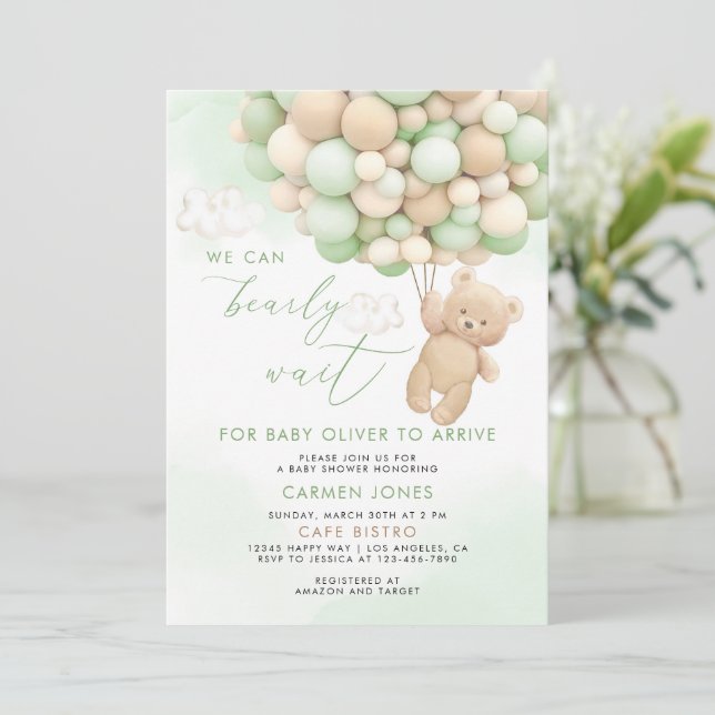 Carte d'invitation Baby Shower Ours en Peluche ave (Debout devant)