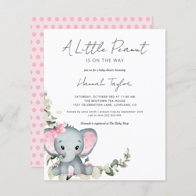 Carte d'invitation Baby Shower pour fille éléphant (Devant / Derrière)