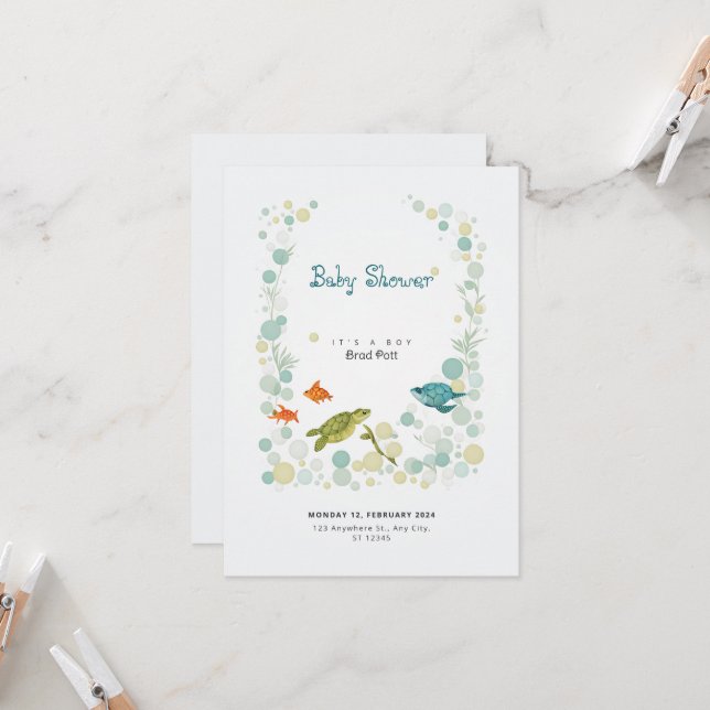 Carte d'invitation Baby shower Sea World (Devant/Arrière en situation)