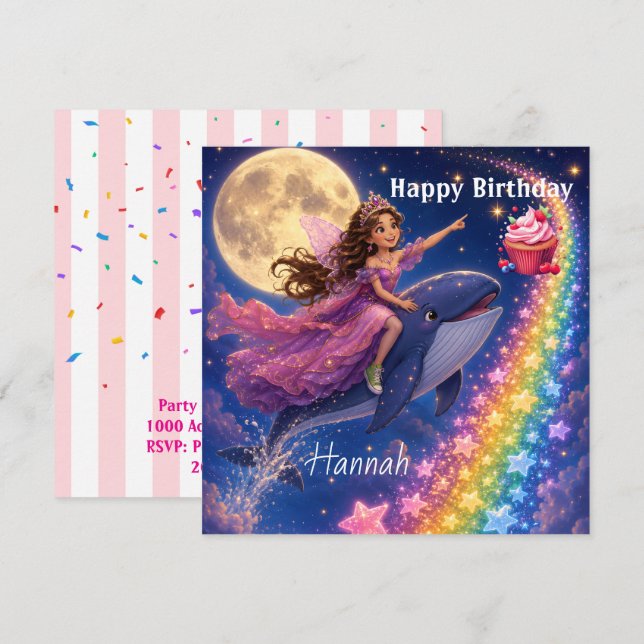 Carte d'invitation Baleine FairyRainbow pour anniv (Devant / Derrière)