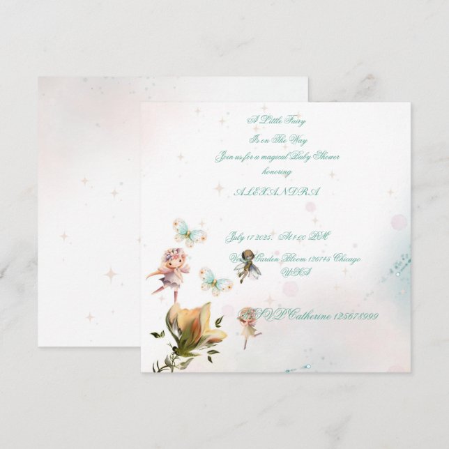 Carte d'invitation bébé jardin de fées fantaisiste (Devant / Derrière)