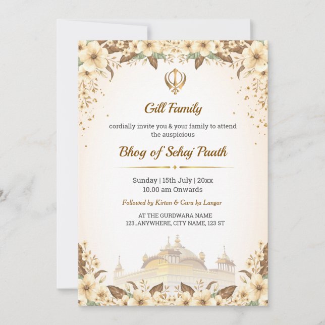 Carte d'invitation Bhog de Sehaj Path, Carte Bhog  (Devant)