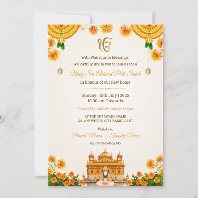 Carte d'invitation Bhog Sri Akhand Path Sahib (Devant)
