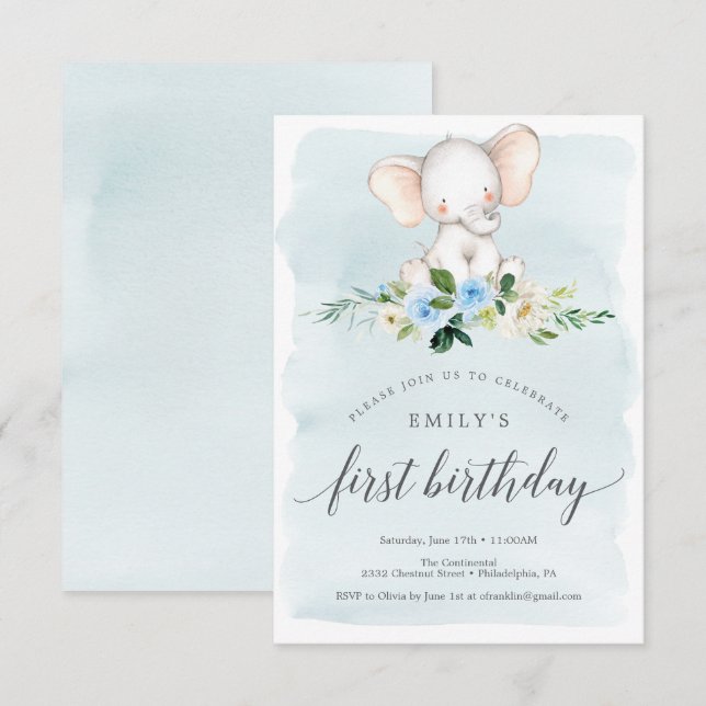 Carte d'invitation Blue Elephant First Birthday (Devant / Derrière)