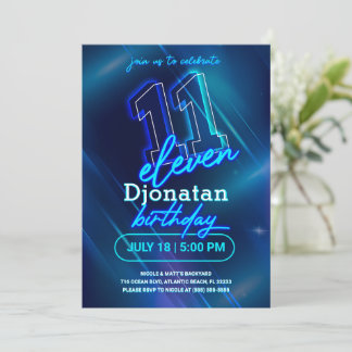 Carte d'invitation Blue Neon 11th Birthday Party