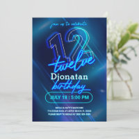 Carte d'invitation Blue Neon 12th Birthday Party