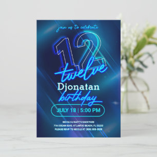 Carte d'invitation Blue Neon 12th Birthday Party