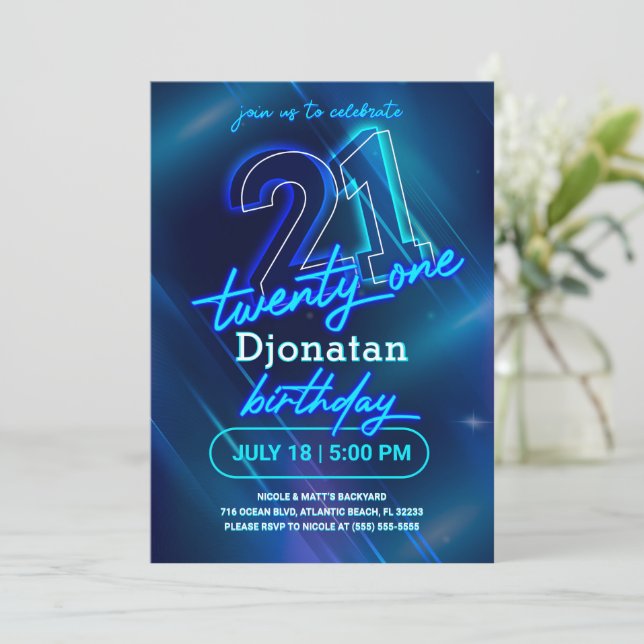 Carte d'invitation Blue Neon 21e anniversaire (Debout devant)