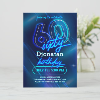 Carte d'invitation Blue Neon 60th Birthday Party