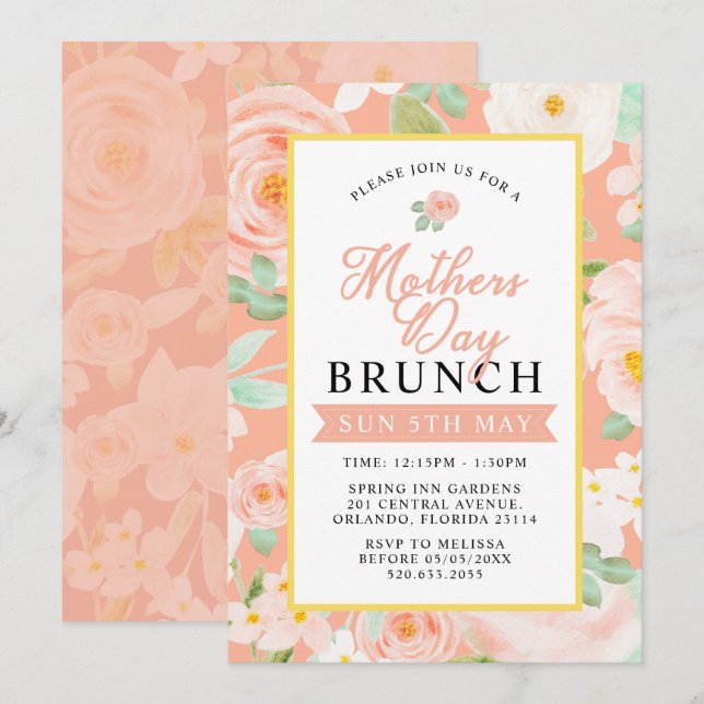 Carte d'invitation Brunch Fête des Mères Rose Flor (Devant / Derrière)