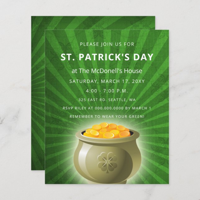 Carte d'invitation Budget Pot d'or St Patrick (Devant / Derrière)