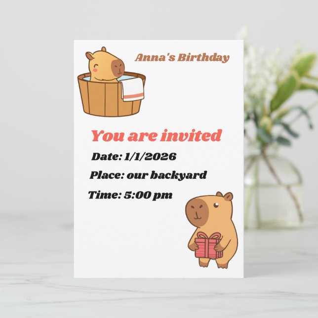 Carte d'invitation Capybara Party | Joyeux Anniver (Debout devant)