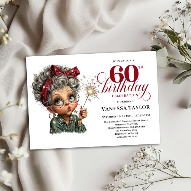 Carte d'invitation d'anniversaire 60 ans humour fe (Old Lady Funny 60th Birthday Invite Party Card)