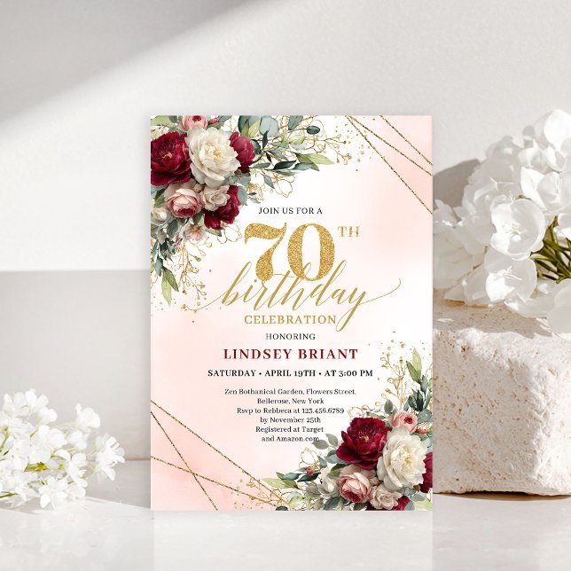 Carte d'invitation d'anniversaire 70 ans en or flo (Personalized floral gold 70th birthday invite card

)