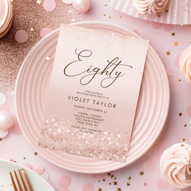 Carte d'invitation d'anniversaire 80 ans à paillet (Rose Gold Glitter 80th Birthday Invitation Card)