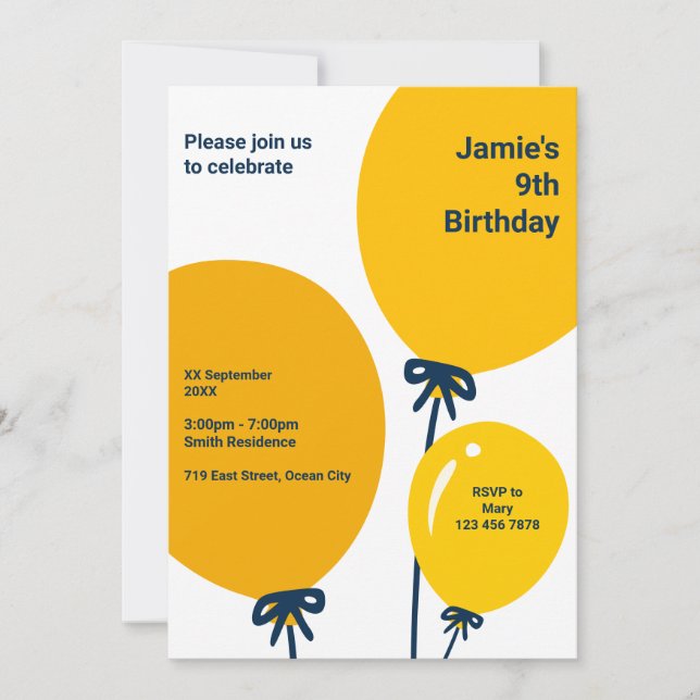 Carte d'invitation d'anniversaire 9 ans avec ballo (Devant)