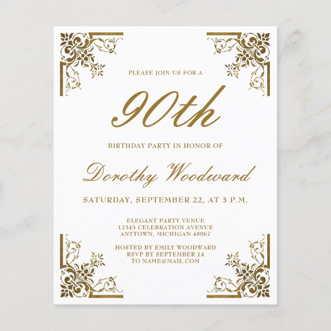 Carte d'invitation d'anniversaire à l'écriture dor (Devant)