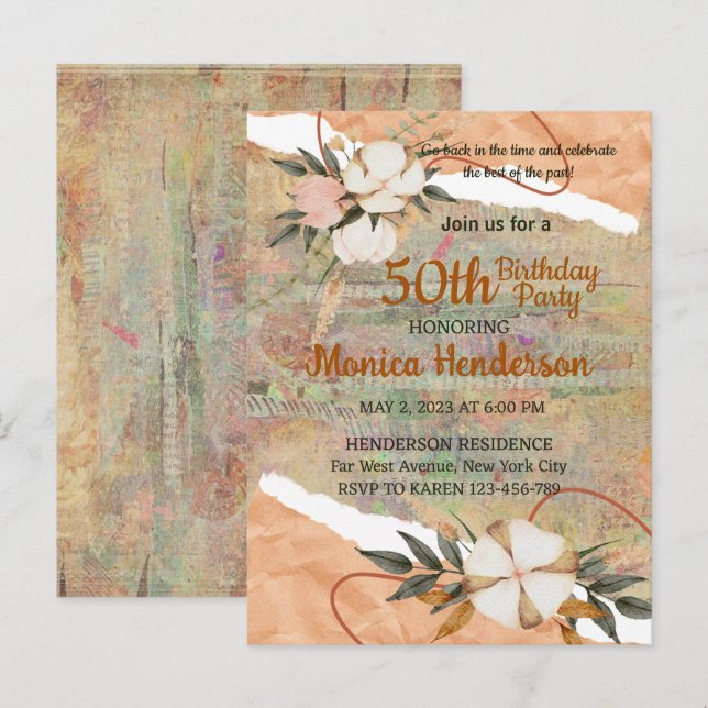 CARTE D'INVITATION D'ANNIVERSAIRE À THÈME VINTAGE  (Devant / Derrière)