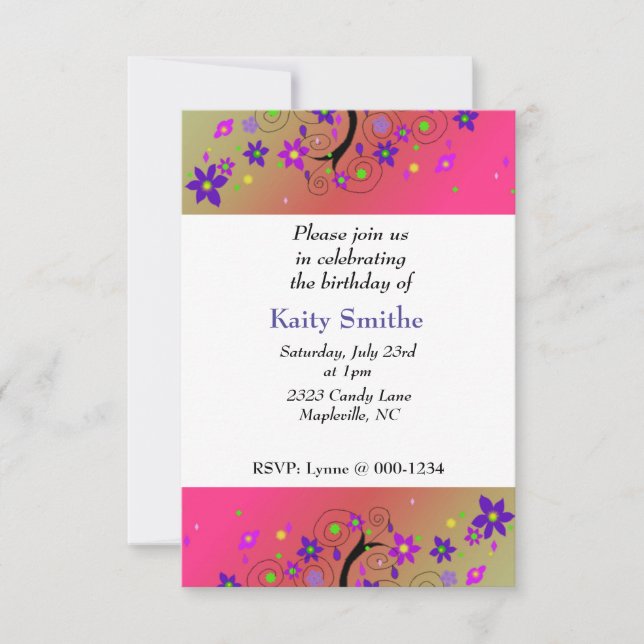 Carte d'invitation d'anniversaire Arbre Fleur Fant (Devant)