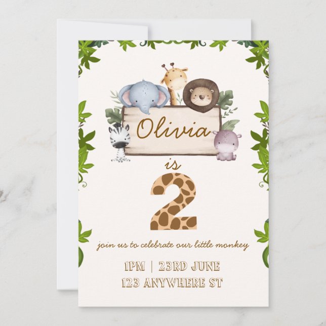 Carte d'invitation d'anniversaire aux animaux de l (Devant)