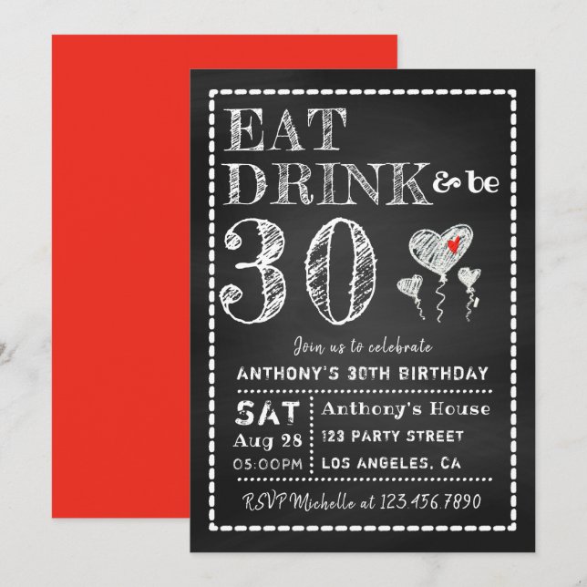 Carte d'invitation d'anniversaire avec tableau noi (Devant / Derrière)