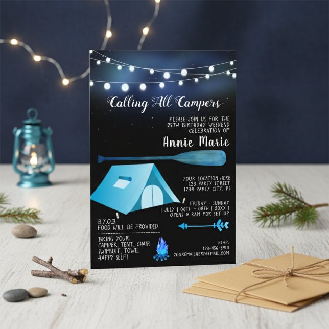 Carte d'invitation d'anniversaire bleue pour tous  (Calling All Campers Blue Birthday Invitation)