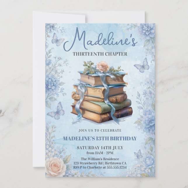 Carte d'invitation d'anniversaire Blue Book Girl (Devant)