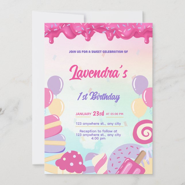 Carte d'invitation d'anniversaire bonbon pastel mi (Devant)