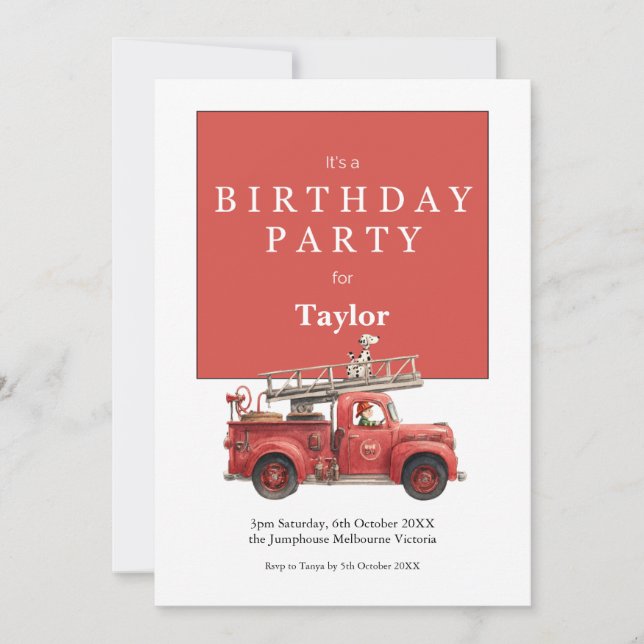 Carte d'invitation d'anniversaire Camion de pompie (Devant)