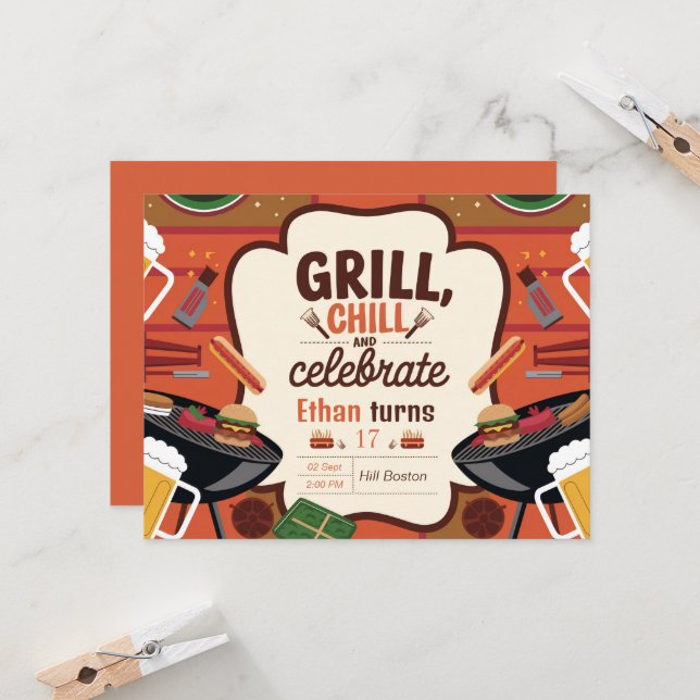 Carte d'invitation d'anniversaire Chill Grill et B (Devant/Arrière en situation)