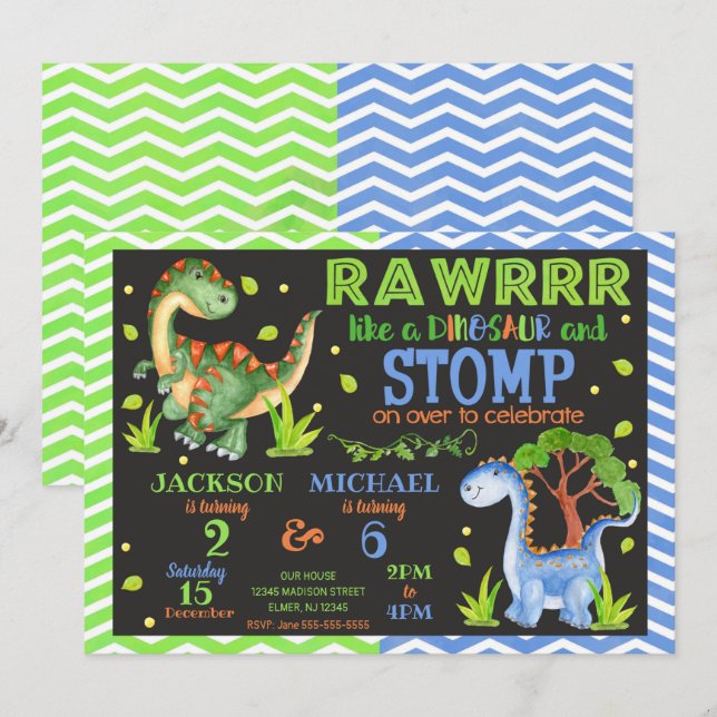 Carte d'invitation d'anniversaire conjoint de dino (Devant / Derrière)