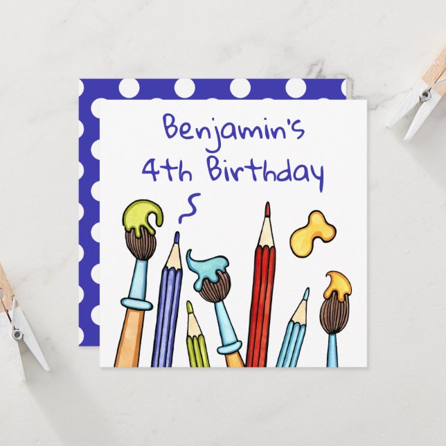 Carte d'invitation d'anniversaire Crayons et Pince (Devant/Arrière en situation)