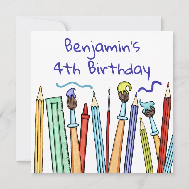 Carte d'invitation d'anniversaire Crayons et Pince (Devant)