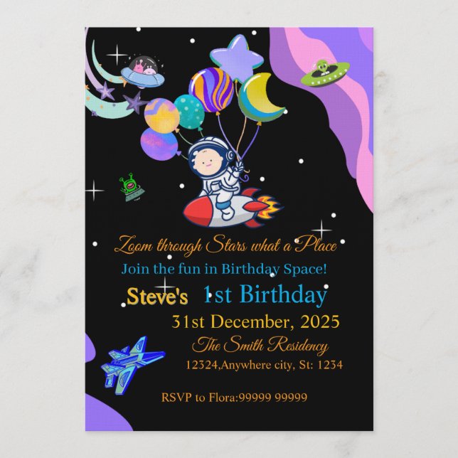 Carte d'invitation d'anniversaire dans l'espace |  (Devant)