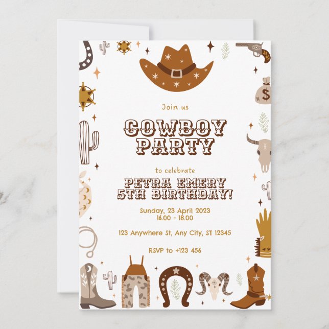 Carte d'invitation d'anniversaire de cow-boy migno (Devant)