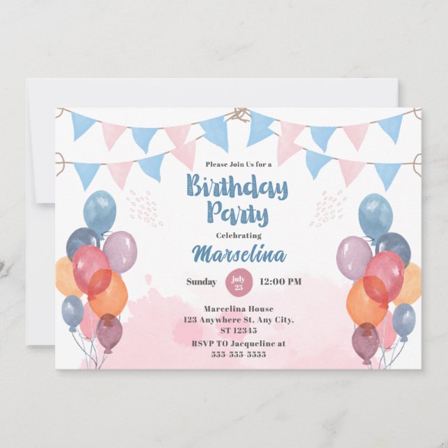 Carte d'invitation d'anniversaire de la fille du b (Devant)