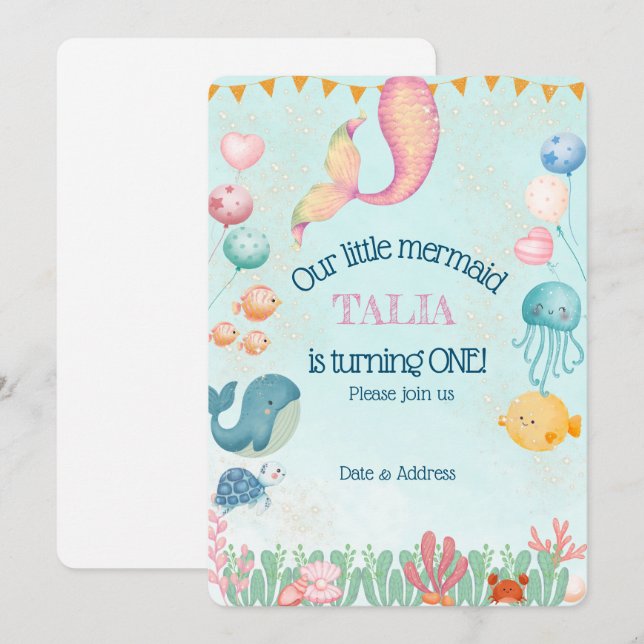 Carte d'invitation d'anniversaire de sirène person (Devant / Derrière)