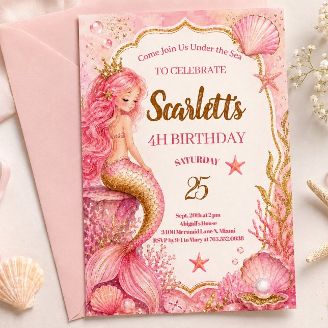 Carte d'invitation d'anniversaire de sirène rose e (Créateur téléchargé)