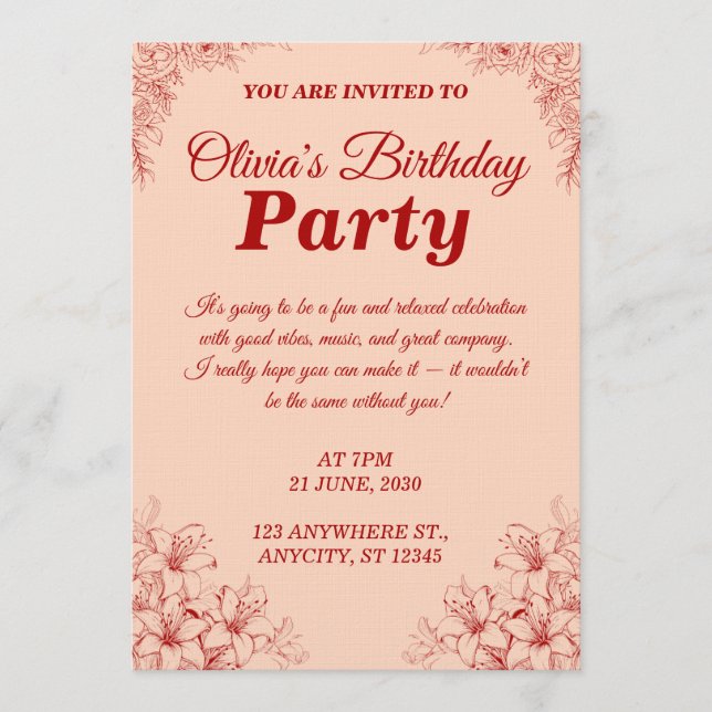 Carte d'invitation d'anniversaire élégante – Dessi (Devant)