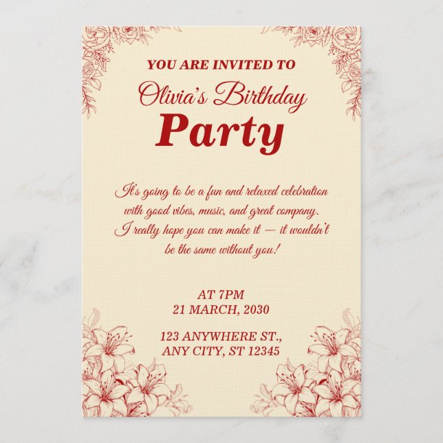 Carte d'invitation d'anniversaire élégante – Fleur (Devant)