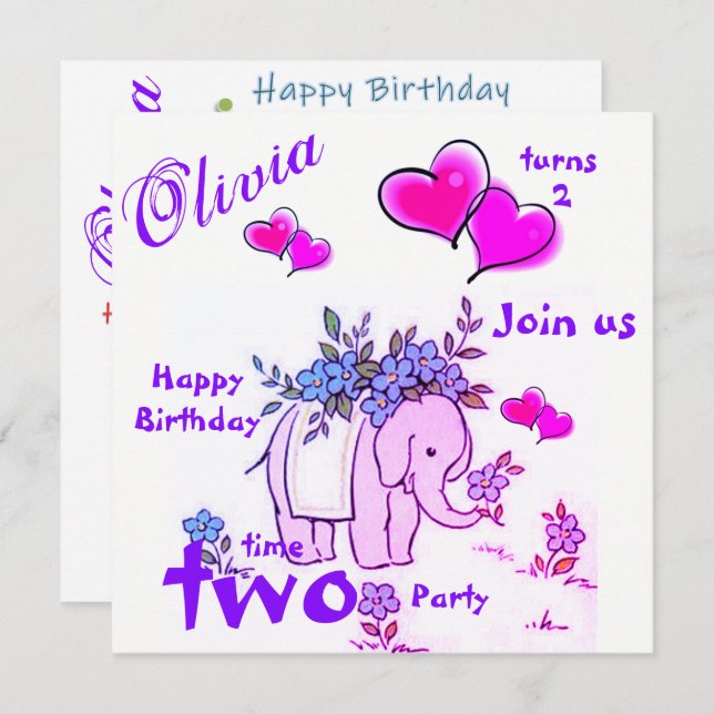 Carte d'invitation d'anniversaire éléphant (Devant / Derrière)