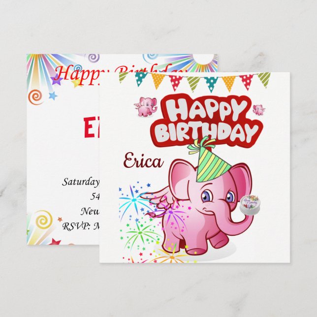 Carte d'invitation d'anniversaire éléphant (Devant / Derrière)