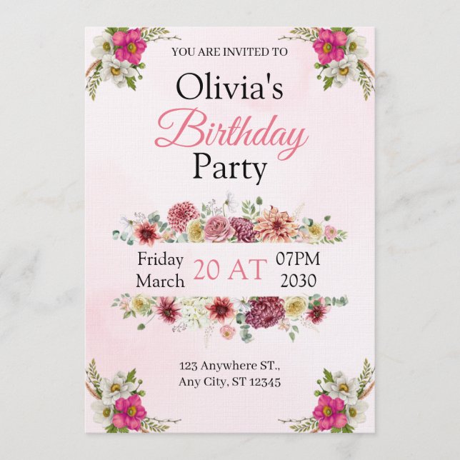 Carte d'invitation d'anniversaire florale rose élé (Devant)