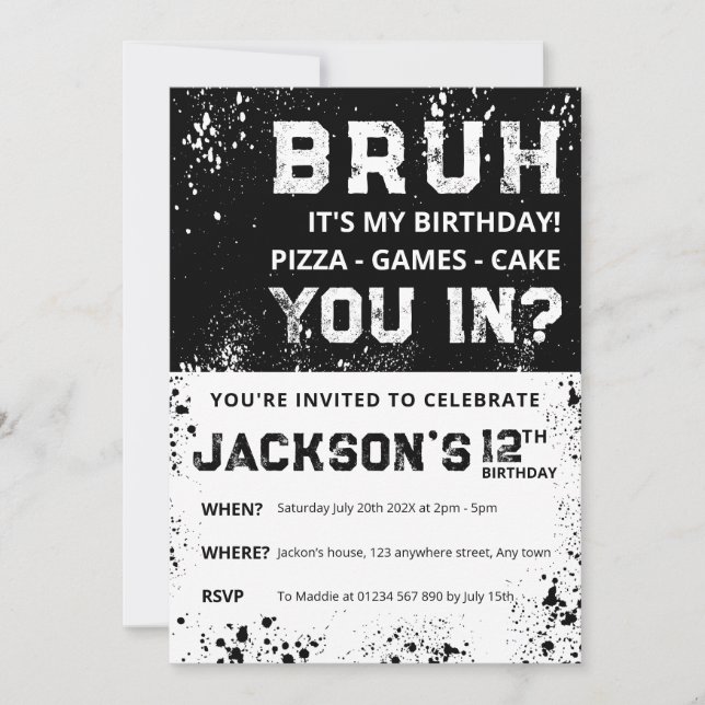 Carte d'invitation d'anniversaire garçon BRUH Grun (Devant)