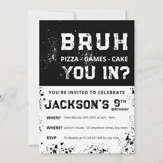Carte d'invitation d'anniversaire garçon BRUH Grun (Devant)