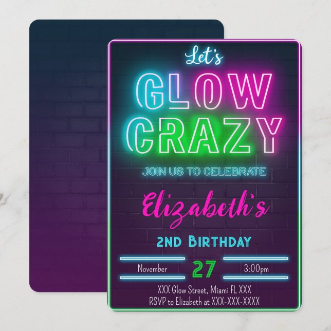 Carte d'invitation d'anniversaire Glow (Devant / Derrière)